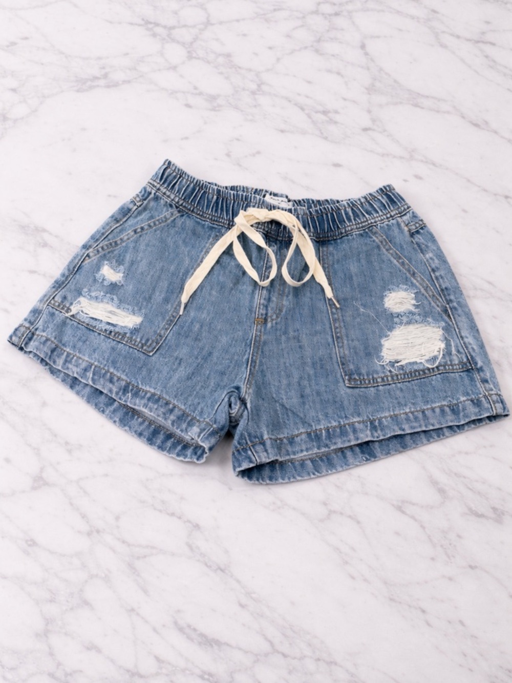 White Birch Distressed Light Blue Denim Drawstring Shorts S M L XL NWOT